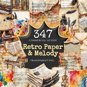 Retro Paper & Melody Watercolor Clipart Bundle - 342+ transparent PNG, Retro music sheet png, Musical art, Commercial use, Digital download