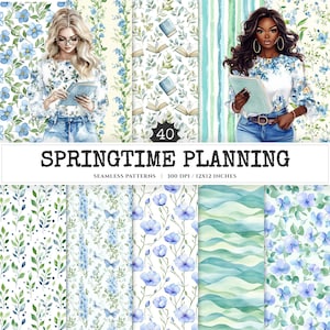 Springtime Planning Seamless Patterns, Cute spring JPEG, Spring reading pattern, Meadow flowers repeating pattern, Digital scrapbook paper