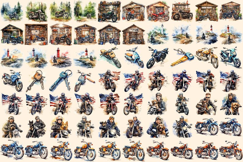 Bikers Watercolor Clipart Bundle - 480+ transparent PNG, Road warrior enthusiast illustrations, Motorbike, Commercial use, Digital download