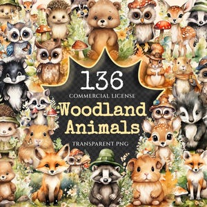 Woodland Animals Watercolor Clipart Bundle - 132+ transparent PNG, Forest friends graphics, Fairytale pets, Commercial use, Digital download