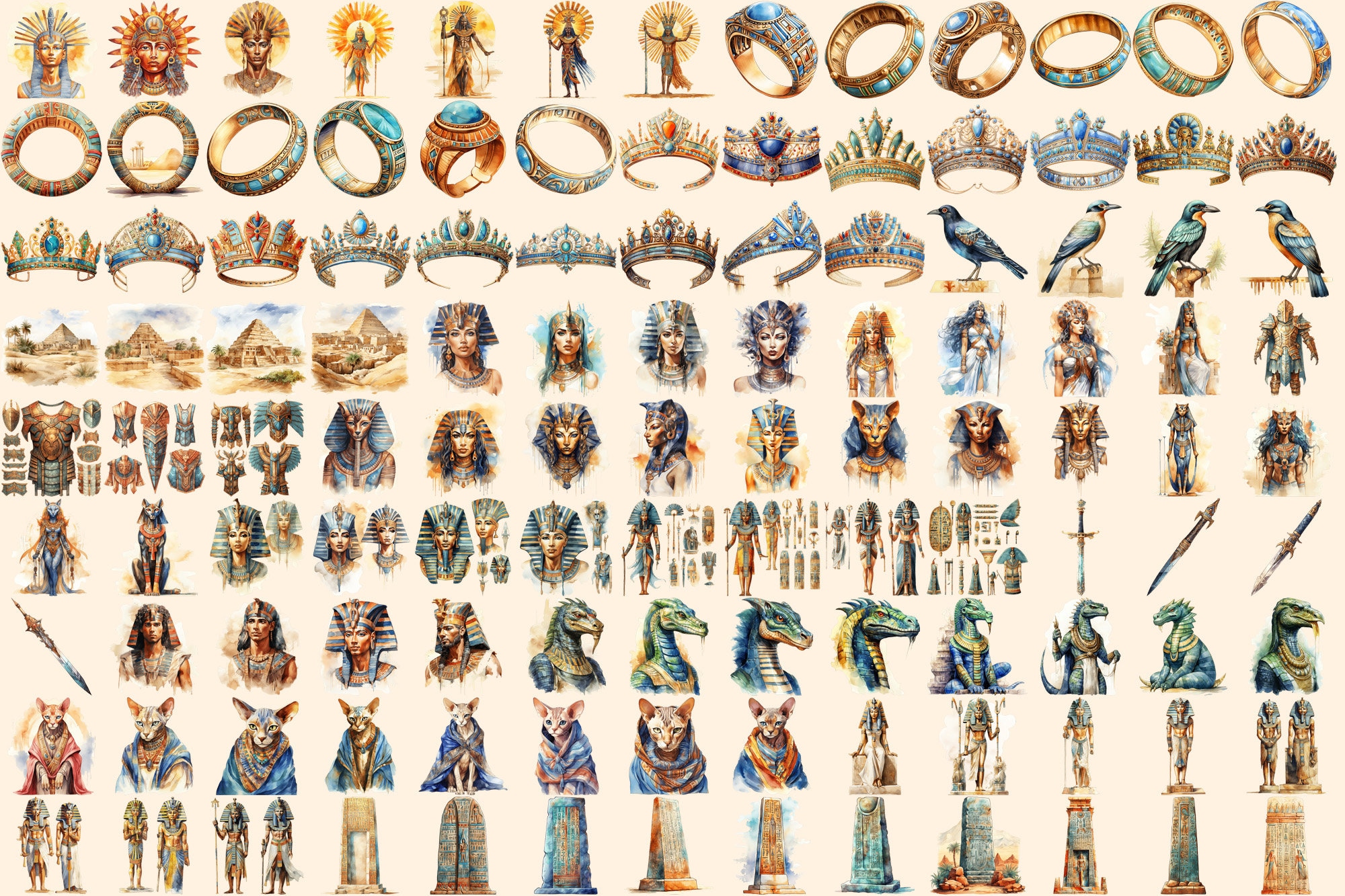 Ancient Egypt Watercolor Clipart Bundle – Pharaohs, Pyramids (digital ...