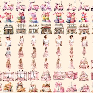 Bonjour Paris Watercolor Clipart Bundle - 575+ transparent PNG, Pink paris graphics, French illustrations, Commercial use, Digital download
