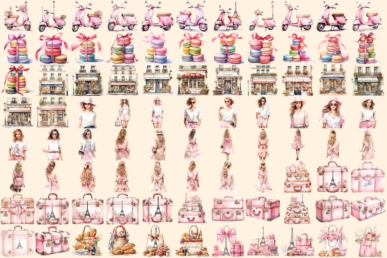 Bonjour Paris Watercolor Clipart Bundle - 575+ transparent PNG, Pink paris graphics, French illustrations, Commercial use, Digital download