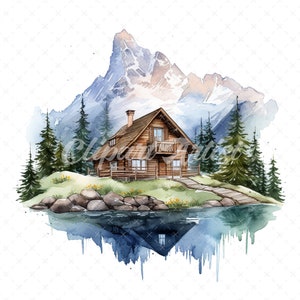 20 High-Quality Mountain Chalet Clipart - Mountain chalet digital watercolor JPG instant download for commercial use - Digital download