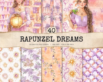 Rapunzel Dreams Seamless Patterns, Floral Fairytale Paper (Digital Download)