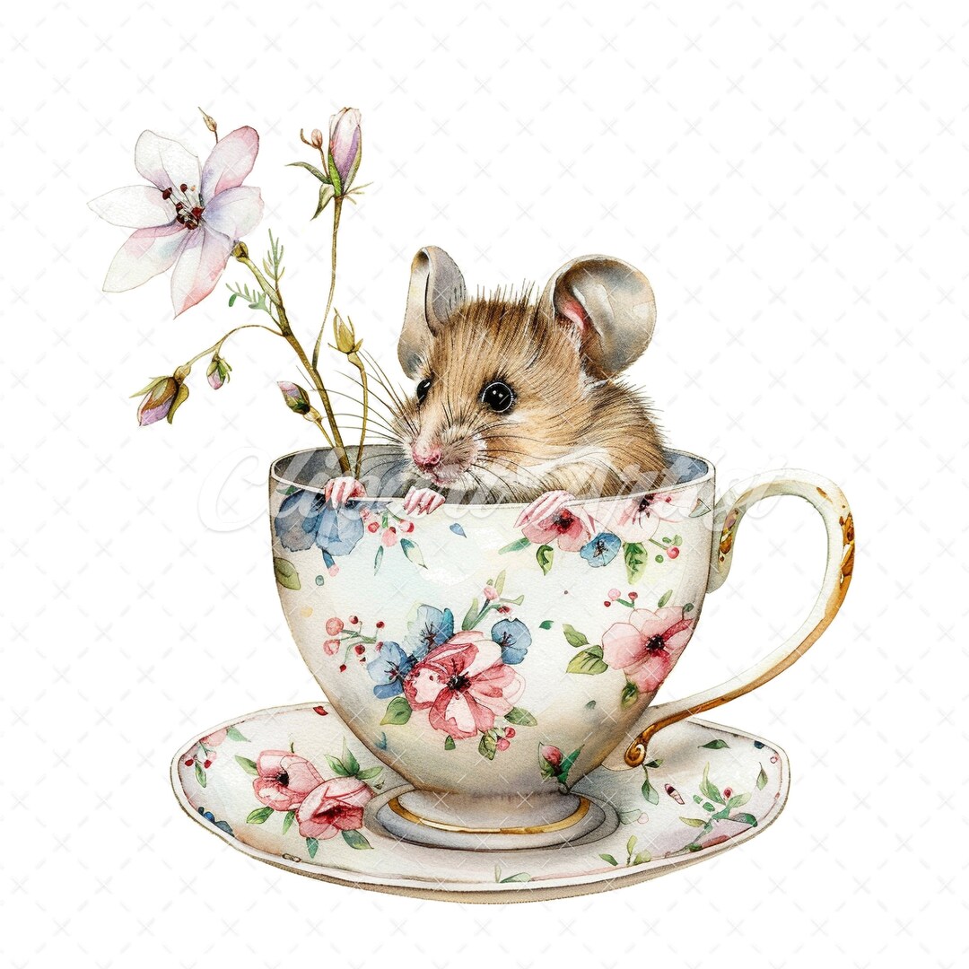 Mouse In Teacup Floral Mice Clipart β Watercolor Tea Cup Mouse JPG (digital Download ...
