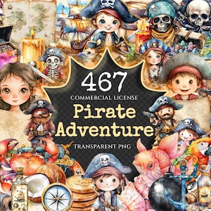 Pirate Adventure Watercolor Clipart Bundle - 462+ transparent PNG, Nautical adventure graphics, Pirate art, Commercial use, Digital download
