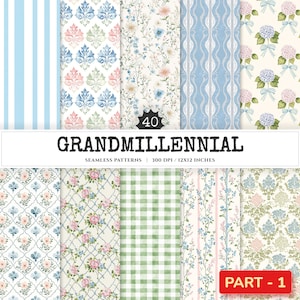 Grandmillennial Seamless Patterns, Chinoiserie JPEG, Pastel glitter pattern, Stripes and plaid repeating pattern, Digital scrapbook paper