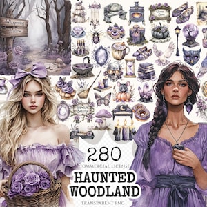 Könnte beinhalten: Digitale Illustration mit zwei Frauen in lila Kleidern, umgeben von Illustrationen zum Thema eines Spukwaldes. Enthält Kürbisse, Eulen und den Text "Haunted Woodland".