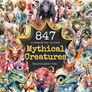 Mythical Creatures Watercolor Clipart Bundle - 845+ transparent PNG, Enchanting creatures png, Mythical art, Commercial use,Digital download