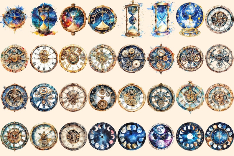 Time Wheels Watercolor Clipart Bundle - 213+ transparent PNG, Vintage clock graphics, Timeless timepiece png,Commercial use,Digital download
