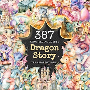 Dragon Story Watercolor Clipart Bundle - 384+ transparent PNG, Adorable dragon graphics, Fairytale images, Commercial use, Digital download