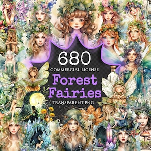 Forest Fairies Watercolor Clipart Bundle - 675+ transparent PNG, Whimsical fairy illustrations, Fairy art, Commercial use, Digital download