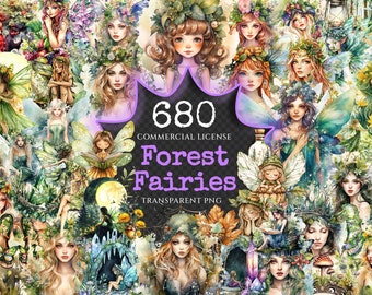 May include: A collage of 680 watercolour illustrations of forest fairies with wings, flowers, and nature elements. The text "680 Commercial License Forest Fairies Transparent PNG" is displayed on a chalkboard.