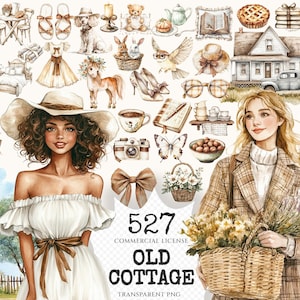 Old Cottage Watercolor Clipart Set - 523+ transparent PNG, Cozy cottage graphics, Rustic aesthetic png, Commercial use, Digital download