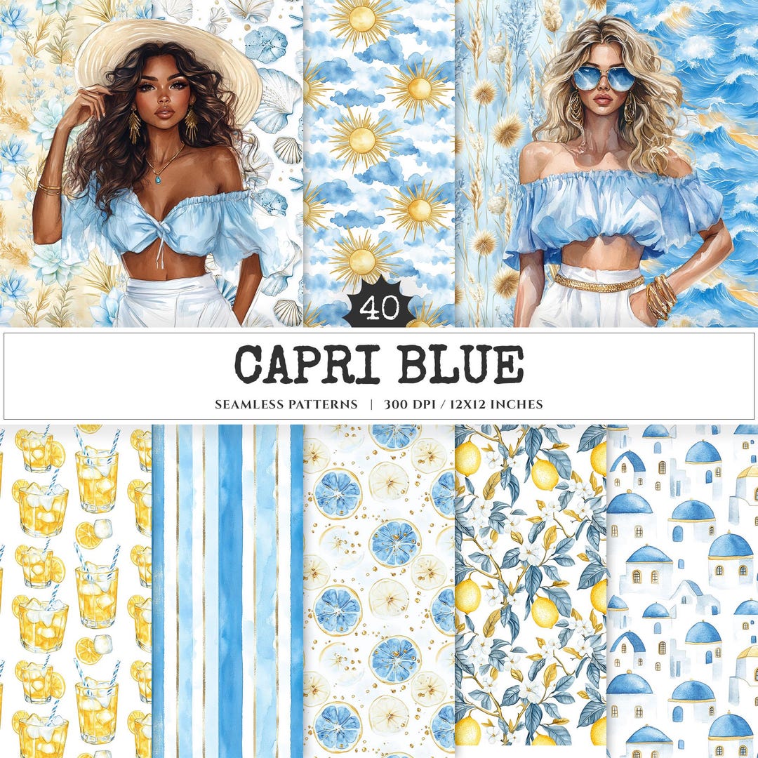Capri Blue Seamless Patterns, Mediterranean, Seashells, Pampas (digital ...