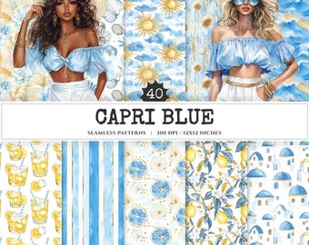 Capri Blue Seamless Patterns, Mediterranean, Seashells, Pampas (Digital Scrapbook Paper)