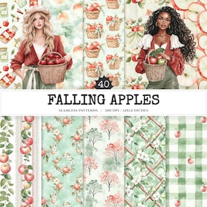 Peut inclure: Illustration numérique à l'aquarelle avec le texte "FALLING APPLES" et des motifs sans couture. L'image comprend des illustrations de femmes tenant des paniers de pommes, des tranches de pommes et divers motifs sur le thème des pommes. Les motifs mesurent 30,48 x 30,48 cm.