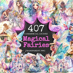 Magical Fairies Watercolor Clipart Bundle - 403+ transparent PNG, Fairy magic graphics, Enchanting images, Commercial use, Digital download