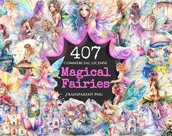May include: A collection of 407 watercolour illustrations of fairies with wings, flowers, and other magical elements. The images are transparent PNG files and are available for commercial use.