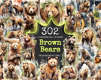 Watercolor Brown Bear Clipart – Forest Wildlife, Grizzly PNG (Digital Download)