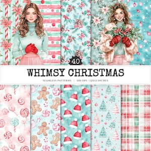 May include: A digital art print featuring the text "Whimsy Christmas" with seamless patterns. The patterns include gingerbread men, candy canes, Santa hats, Christmas trees, and poinsettias in a watercolor style. The image also includes illustrations of women.