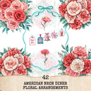 American Neon Diner Floral Arrangements, Carnation Floral PNG, Carnation Bouquet, Flowers, Decor, Ornaments, Flower Art, Digital download