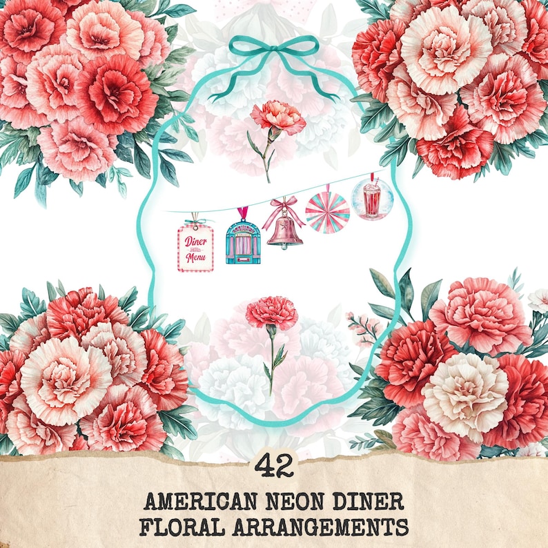 American Neon Diner Floral Arrangements, Carnation Floral PNG, Carnation Bouquet, Flowers, Decor, Ornaments, Flower Art, Digital download