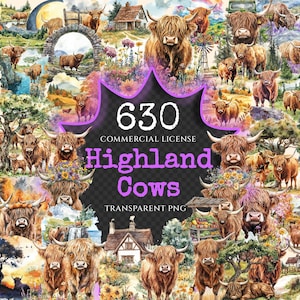 Highland Cows Watercolor Clipart Bundle - 625+ transparent PNG, Rustic cattle graphics, Highland cow png, Commercial use, Digital download