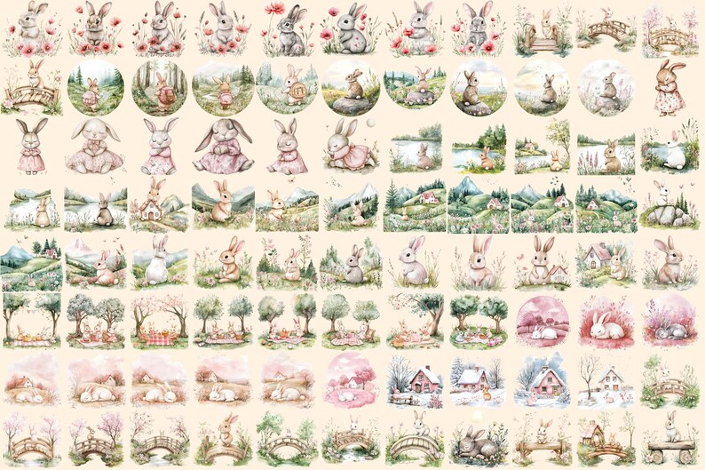 Cottagecore Bunnies Watercolor Clipart Bundle - 594+ transparent PNG, Rustic rabbit graphics, Cute bunny, Commercial use, Digital download