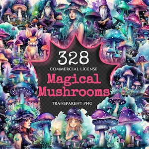Magical Mushrooms Watercolor Clipart Bundle - 325+ transparent PNG, Luminous mushroom graphics, Fungi png, Commercial use, Digital download