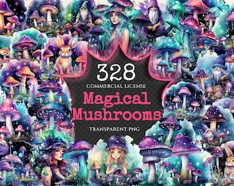 Watercolor Mushroom Clipart Bundle - Magical Fungi PNG Graphics (Digital Download)