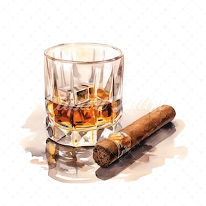 20 High-Quality Cigar Glass of Whisky Clipart -Cigar whisky digital watercolor JPG instant download for commercial use - Digital download