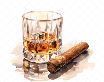 20 High-Quality Cigar Glass of Whisky Clipart -Cigar whisky digital watercolor JPG instant download for commercial use - Digital download