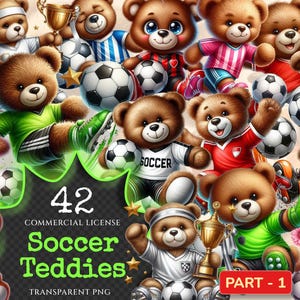 Soccer Teddies PNG Clipart Collection - 42 PNG, Soccer teddy illustrations, Bear sports printables, Commercial use, Digital download