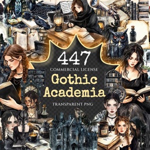 Gothic Academia Watercolor Clipart Bundle - 443+ transparent PNG, Academic mystery images, Gothic study png, Commercial use,Digital download