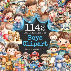 Boys Watercolor Clipart Bundle - 1140+ transparent PNG, Adorable boy illustrations, Kids character images, Commercial use, Digital download