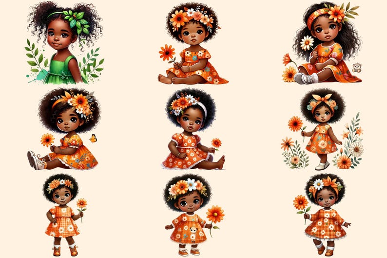 Little Girls (P-3) PNG Clipart Collection - 43 PNG, Adorable dark-skinned girl graphics, African girl png, Commercial use, Digital download