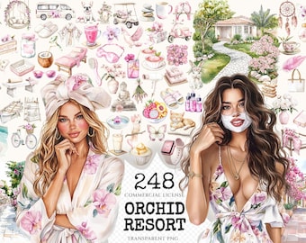 Orchid Resort Watercolor Clipart Set – Spa & Summer Art (Digital Download)
