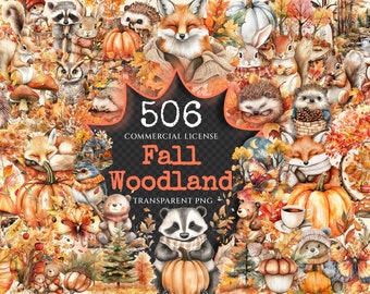 Fall Watercolor Clipart Bundle – Woodland Animals, 502+ PNG (Digital Download)