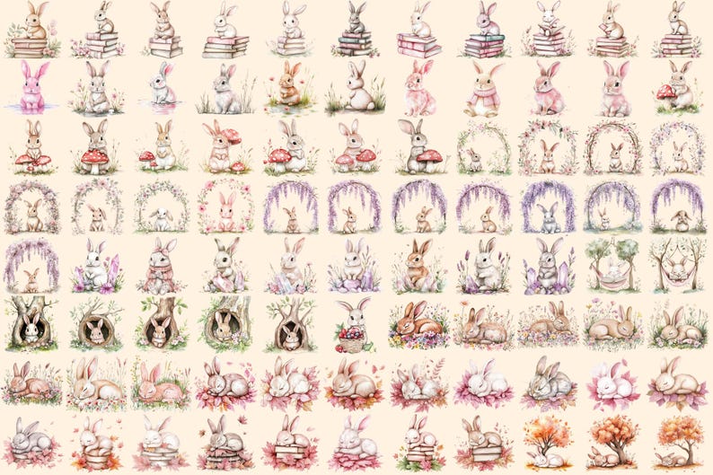Cottagecore Bunnies Watercolor Clipart Bundle - 594+ transparent PNG, Rustic rabbit graphics, Cute bunny, Commercial use, Digital download