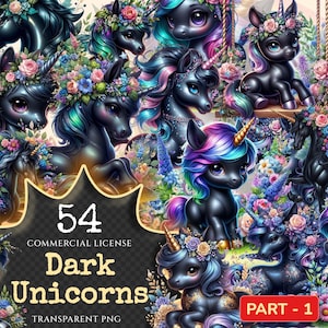 Dark Unicorns PNG Clipart Collection - 54 PNG, Enchanted unicorn graphics, Dark fantasy printables, Commercial use, Digital download