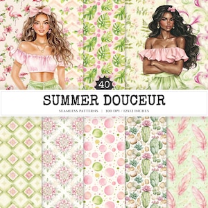 Summer Douceur Seamless Patterns, Summer Beach JPEG, Strawberries pattern, leaf, Cherry blossoms repeating pattern, Digital scrapbook paper