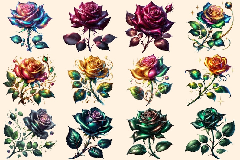 Fantasy Roses PNG Clipart Collection - 54 PNG, Magical rose illustration, Enchanted floral art, Commercial use, Digital download
