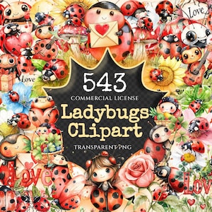 Ladybugs Watercolor Clipart Bundle - 540+ transparent PNG, Charming ladybug illustrations, Playful red bug, Commercial use, Digital download