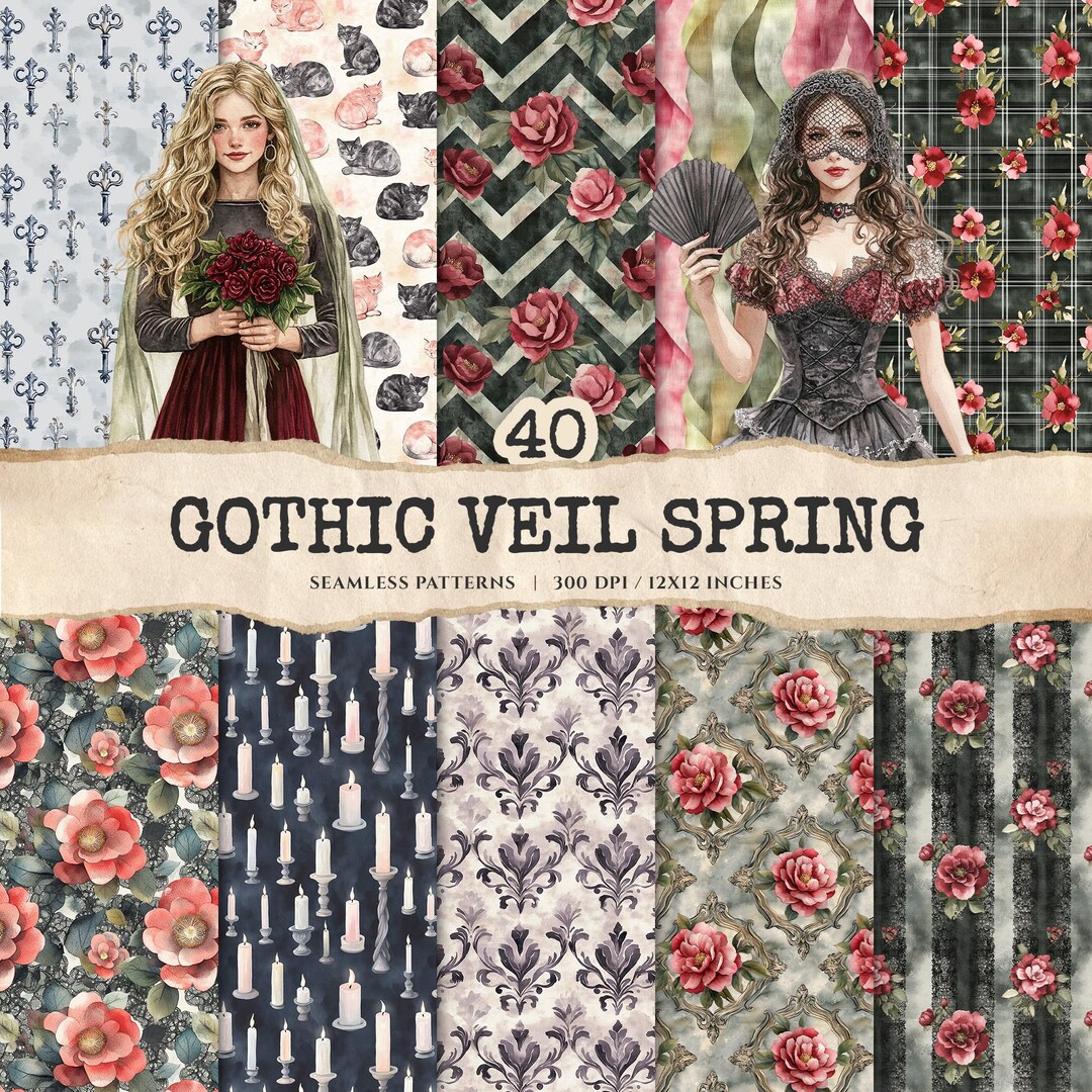 Gothic Veil Spring Seamless Patterns, Dark Floral Lace Digital Paper ...