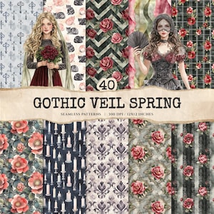 May include: A digital art collection titled "Gothic Veil Spring" featuring 40 seamless patterns. The patterns include floral designs, gothic elements, and illustrations of women. The color palette includes red, black, and gray.