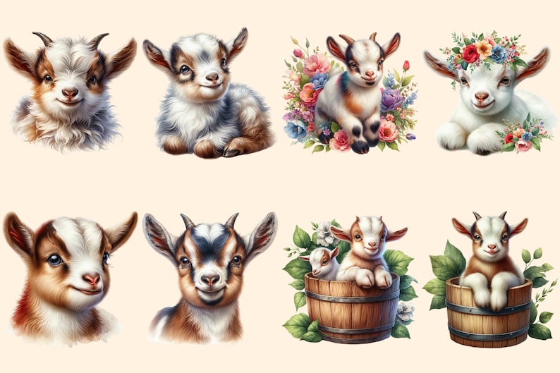 Baby Goats PNG Clipart Collection - 38 PNG, Charming goat illustrations, Farmyard art printables, Commercial use, Digital download