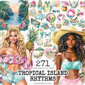 Tropical Island Rhythms Watercolor Clipart Set - 268+ transparent PNG, Seaside graphics, Tropical summer, Commercial use, Digital download