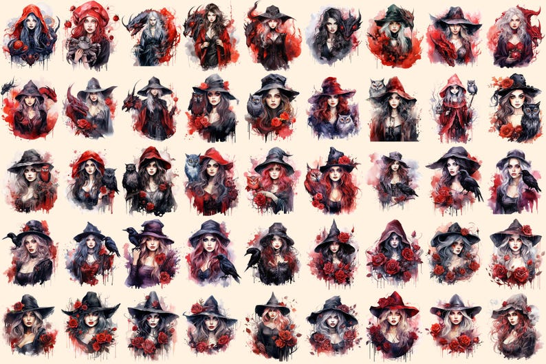Gothic Witches Watercolor Clipart Bundle – Fantasy PNG Graphics ...